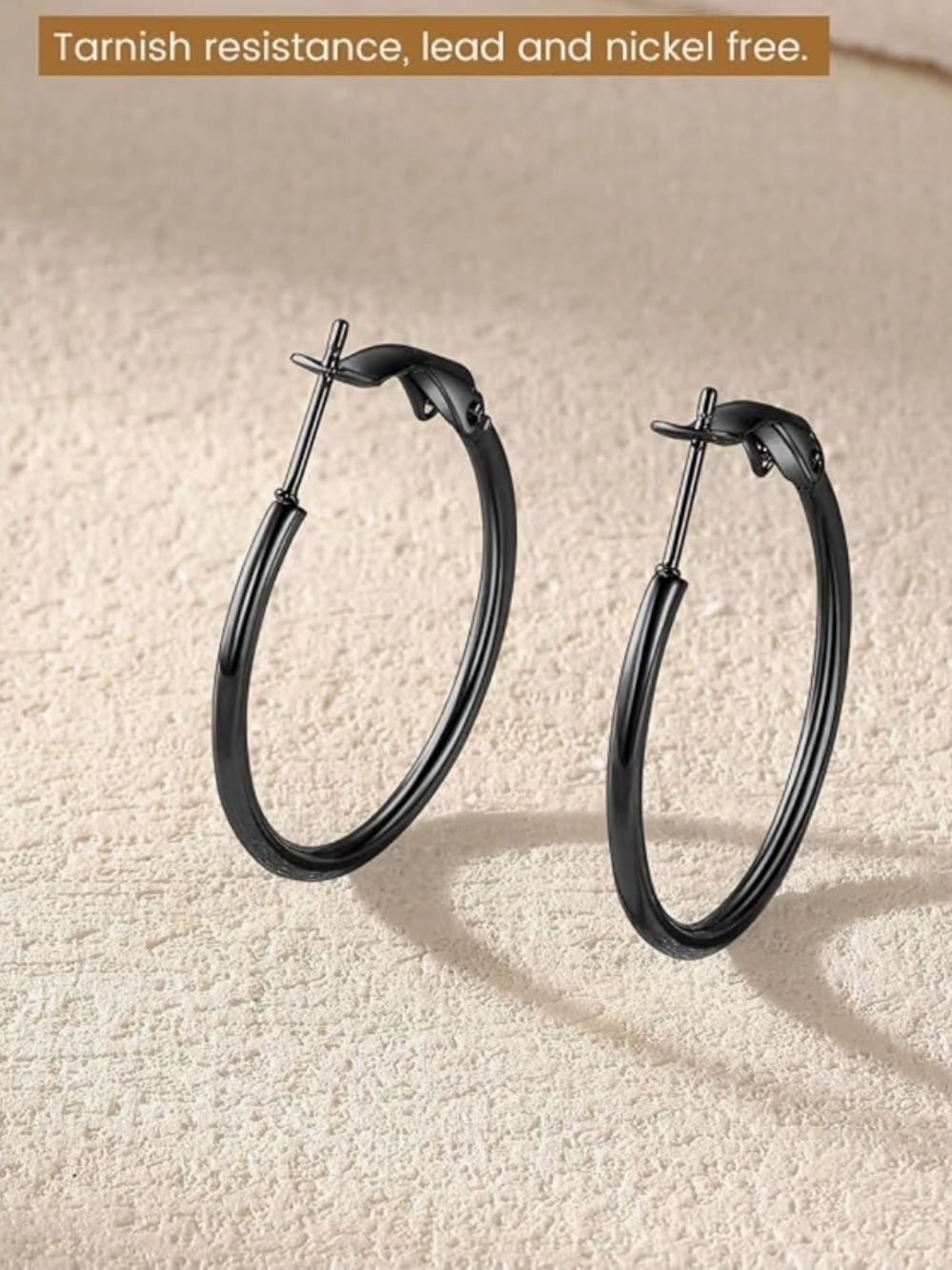 Pair of Simple Black Circular Hoop Earrings With A Secure Snap-Bar Closure BNIB